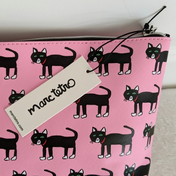 marc tetro Black Cat Print Large Cosmetic Case Pouch PVC Saffiano Pink NWT - Picture 14 of 14
